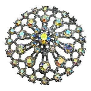 Vintage Round Aurora Borealis Rhinestone Brooch –‎ Missing Clasp – Repair